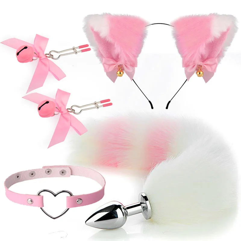 4pcs Cute Fox Tail Anal Plug Cat Ears Headbands Nipple Clip Neck Collar Set Erotic Cosplay Sex Toys for Women for Couples Erotic