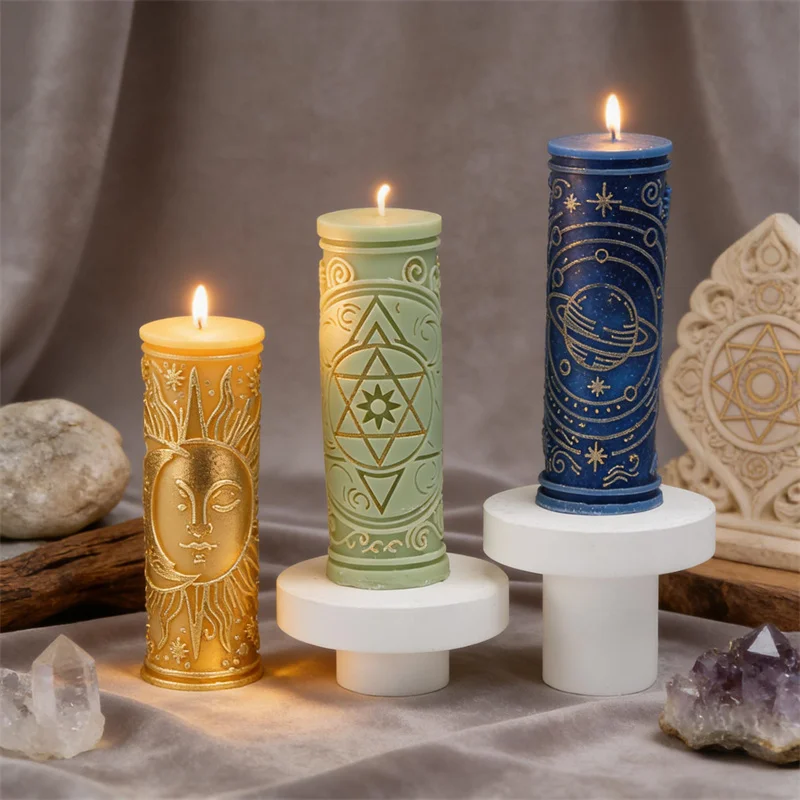 3D Reiki Healing Chakra Pillar Spiritual Yoga Relax Sun Moon Planet Star Silicone Mold Mystical the Seal of Solomon Candle Mould