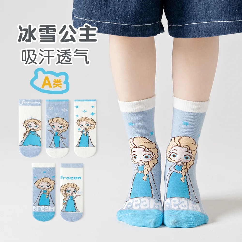 

5Pcs Miniso for Disney Kids Socks Kawaii New Spring and Summer Cartoon Children Mid-calf Cotton Sock for Girls 3-12 Year