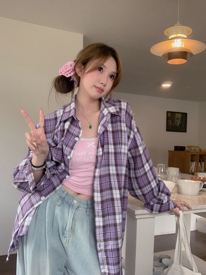 Korean version loose casual purple plaid long sleeved shirt for women 2024 spring/summer retro lazy style shirt jacket