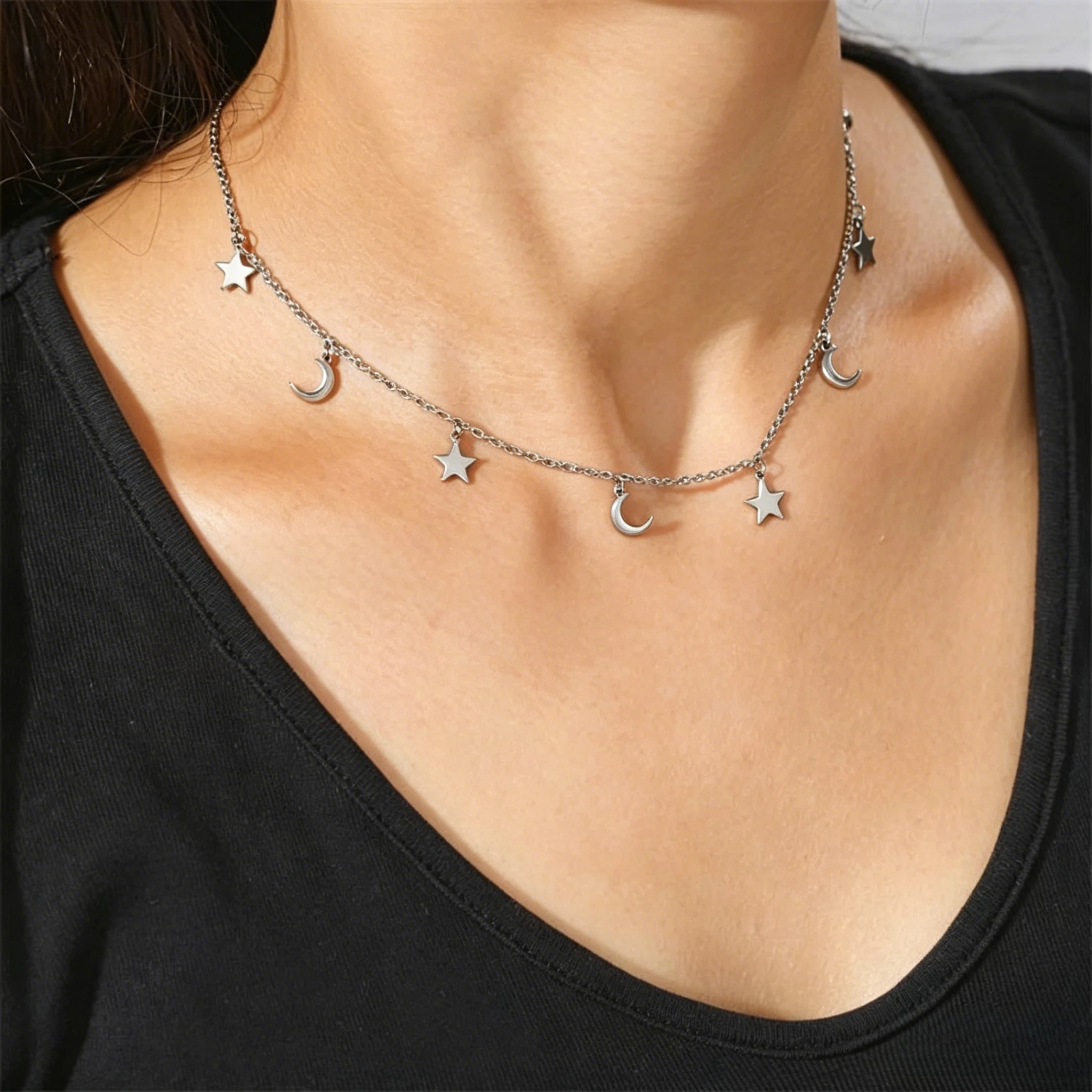 Scattered Star & Moon Charms Thin Choker Collarbone Necklace 316 Stainless Steel Gold Dainty Celestial Short Jewelry