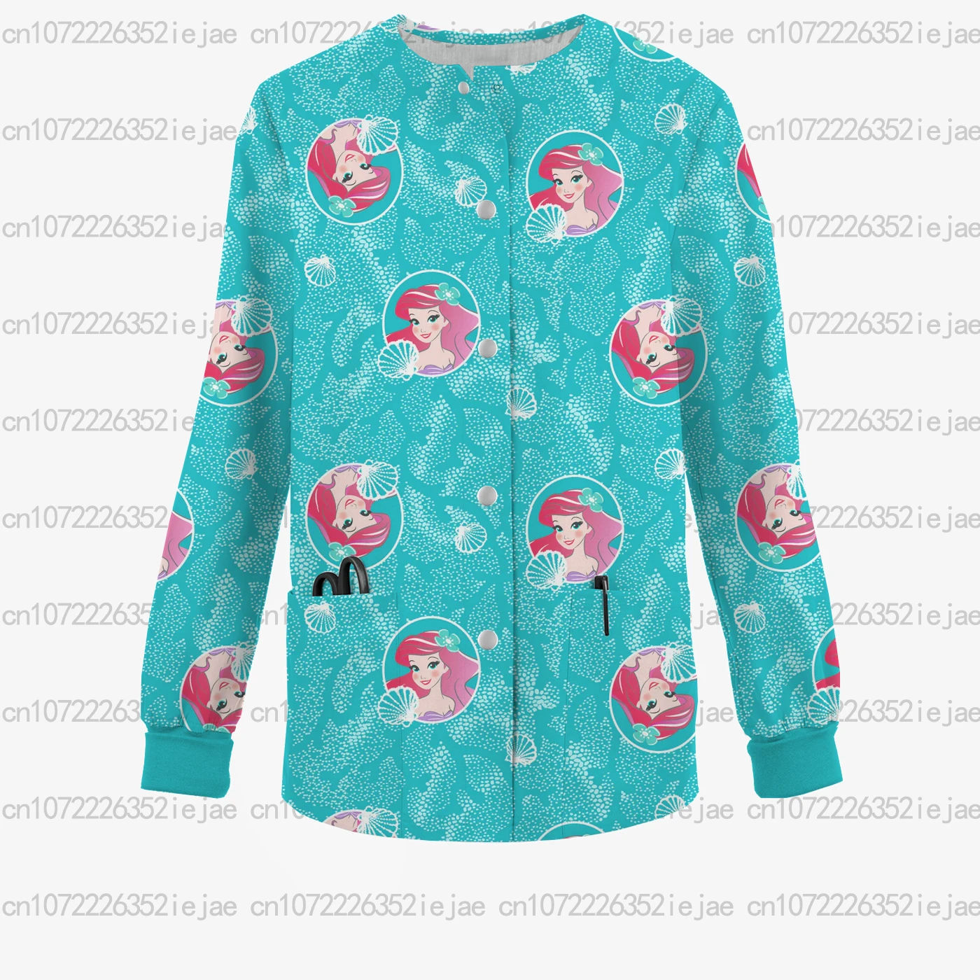 Winterverpleegkleding voor dames, Disney Doornroosje Prinses Print Ronde hals Zak Frosted Jas/Jas voor schoonheidssalons