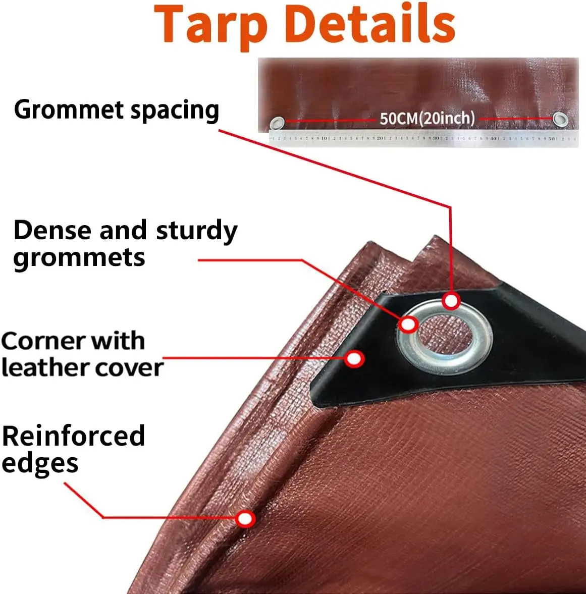 ผ้าใบกันน้ำแบบหนา 12x12 ฟุต, ผ้าใบโพลี 16 มิล พร้อมห่วงตาไก่, ป้องกันรังสียูวี, ผ้าใบอเนกประสงค์สีน้ำตาลเสริมความแข็งแรง