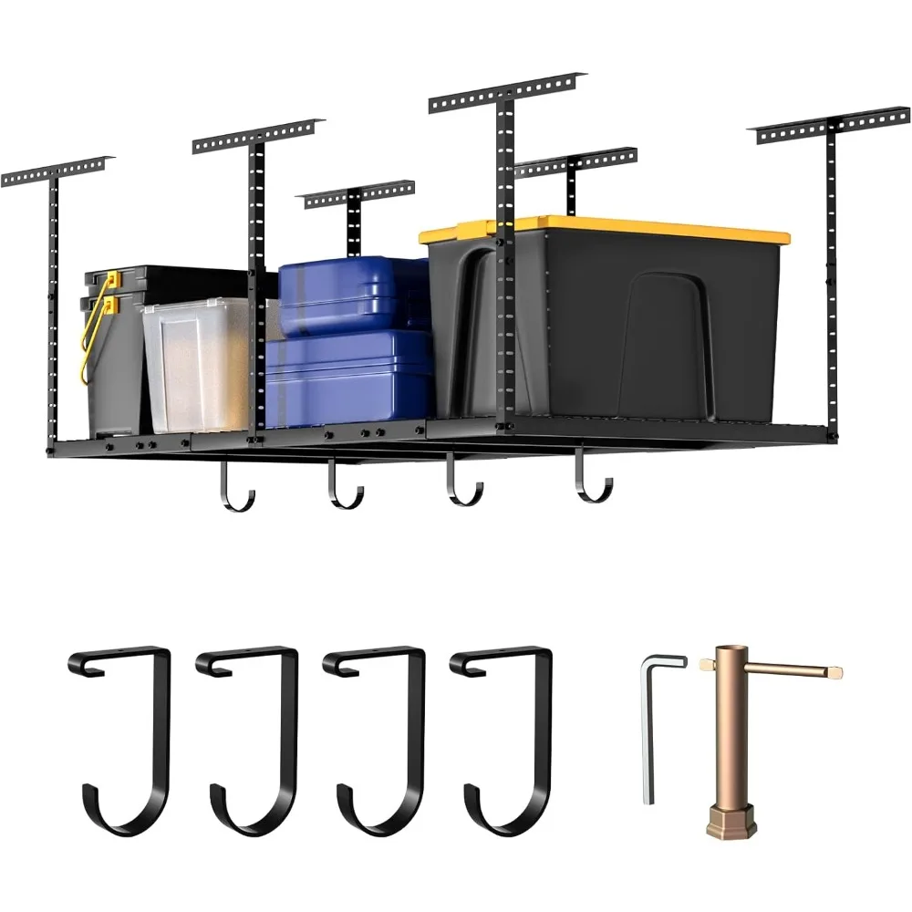 رف تخزين جراج علوي 4 × 8 مع 4 خطافات إضافية - رفوف تخزين سقف جراج شديدة التحمل قابلة للتعديل (22-40)، تحمل 600 رطلاً
