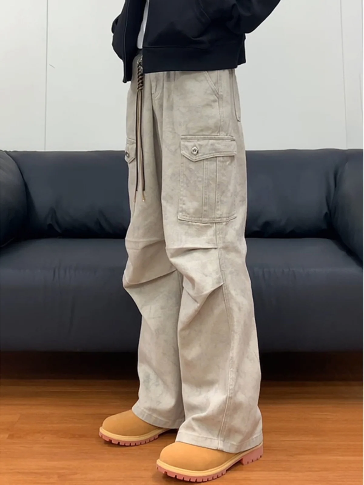 

Marble Pattern Workwear Pants Men's Casual Cleanfit Trendy Street Sle Folded Paratrooper Loose Fit Youthful Autumn Cotton B...