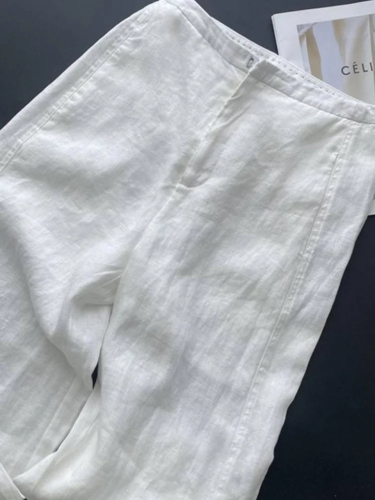High Waist Straight Leg Cotton Linen Wide Leg Pants for Women Commute Style Simple Elegant White Color Korean Version