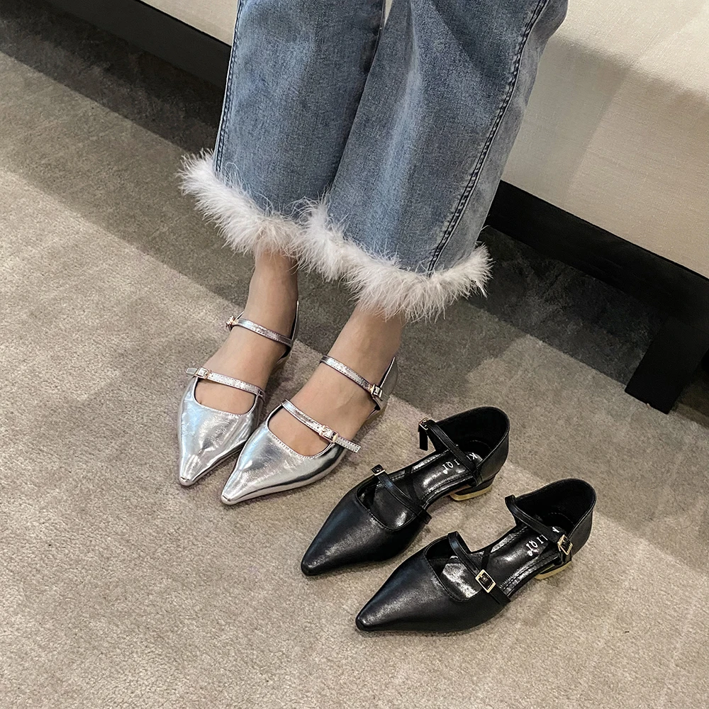 Pointed Toe Women Flats Loafers Black Silver Autumn Dress Shoes Flat Low Heels Belt Buckle Fashion Dress Shoes Woman Size 35-39