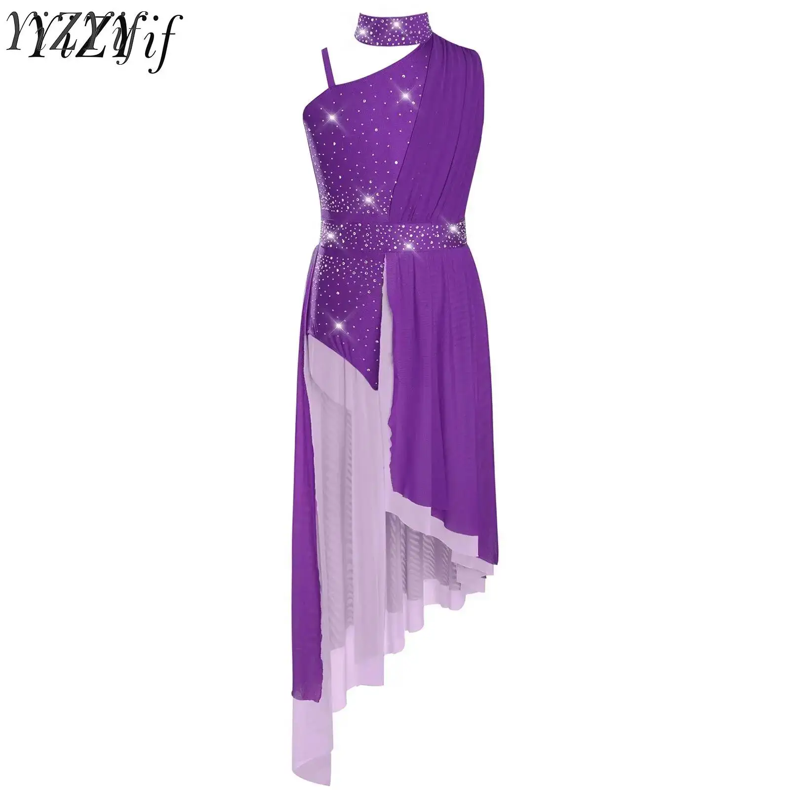 Kids Girls Ballet Dance Dress Figure Ice Skating Lyrical Dancewear Sleeveless Cutout Back Sheer Mesh Gymnastics Skirted Leotard