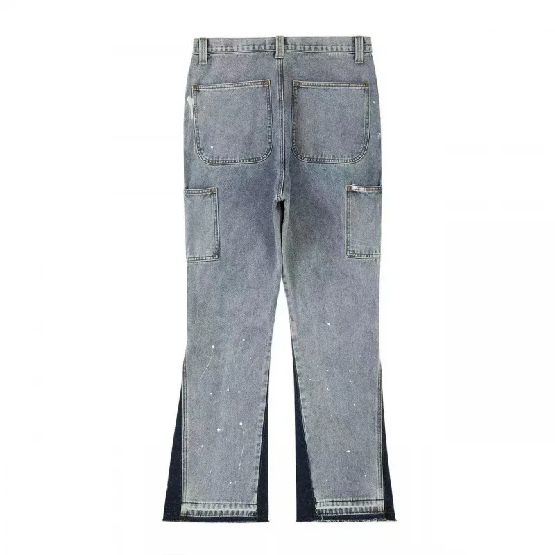 Europese en Amerikaanse high street gewassen noodlijdende splicing logging jeans heren Y2K retro trendy spat bedrukte broek met wijde pijpen