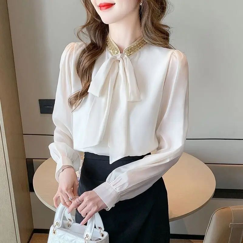 French premium sequined bow shirt women's 2026 new spring unique beautiful shirt apricot chiffon top