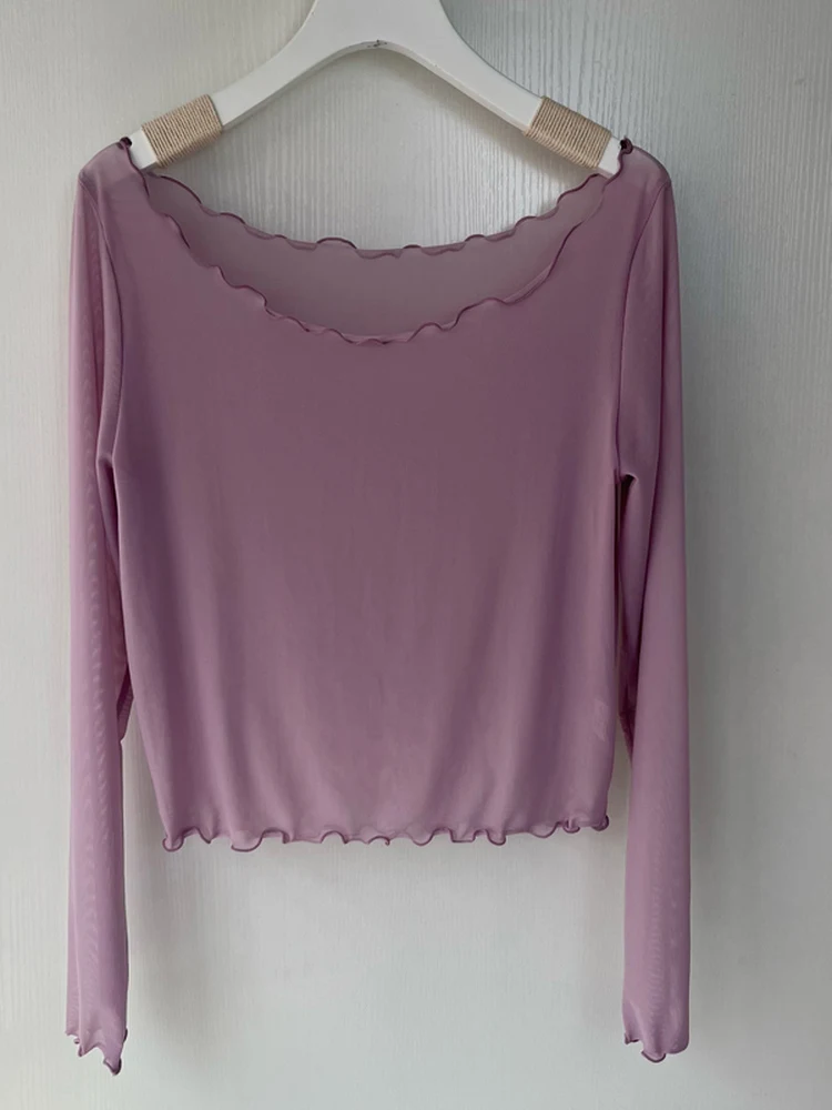 Dance Practice Suit Women's Overhead Ballet Modern Classical Dance Netting Performance Top round Neck Long Sleeve Nylon Spandex
