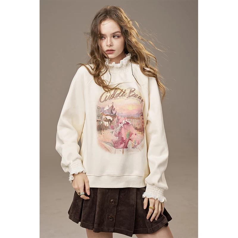 ELFSACK Women's Vintage Sweatshirt with Velvet Rabbit Graphic Print, Ruffle Trim Long Sleeve Top for Casual Cozy Wear