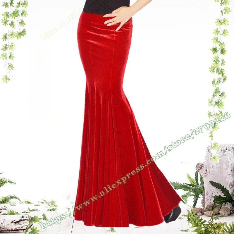 

Free Shipping Plus Size Korean Fashion Sexy Red Gold Velvet Slim Hip wrap Maxi Fishtail Skirt Female Ladies Long Skirts Womens