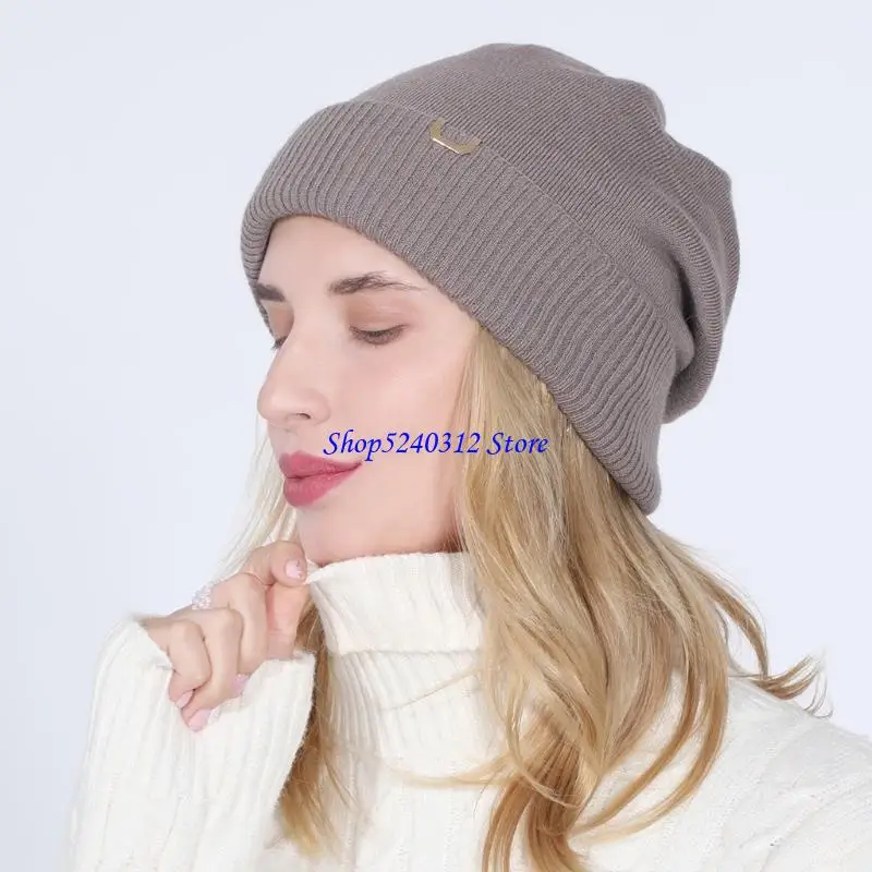 634C Korean Women Double Layer Knitted Slouchy Beanie Hat Simple Solid Color Metal Decor Hip Hop Stretch Skullies Cap Ear