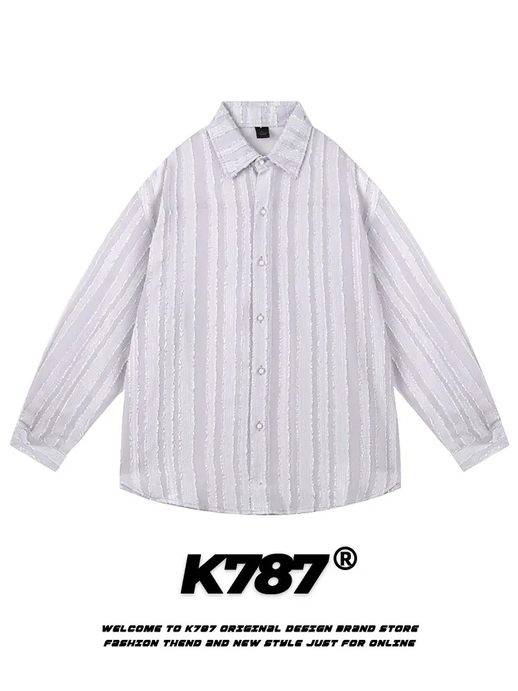 

K787 American Retro Striped Loose Long Sve irt ex College Sle Commute Street Couple Top Spring Polyester Fiber