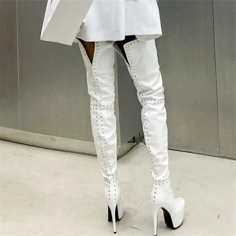 

Сексуальные женские модные ботинки на платформе с заклепками, ботинки до бедра на шпильке, зимние женские вечерние мотоциклетные армейские ботинки, размер 34-48