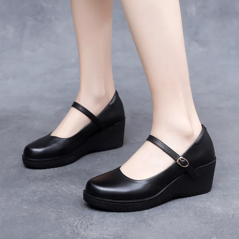 GKTINOO Fashion Ankle Strap Wedges Platform Genuine Leather Shoes Mary Janes Pumps For Women Casual Black Work Shoes High Heels