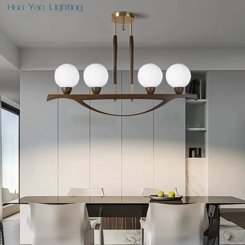 Modern Wooden Glass Ball Chandelier Dimmable Easy Installation Wood Light Fixture Lustres Lampen Dining Room Decor Hanglamp