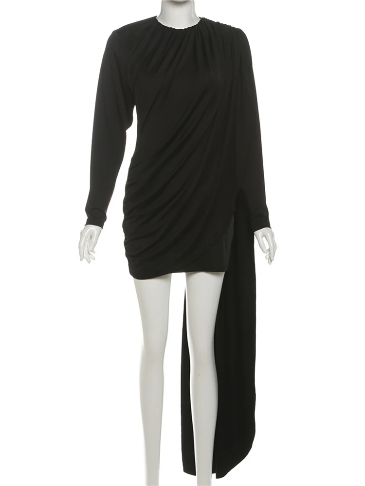Minivestido con fruncido en la calle NibberHigh para mujer, tendencia de otoño, cuello redondo, Cinta Larga de manga larga, ajustado de estilo elegante para glúteos