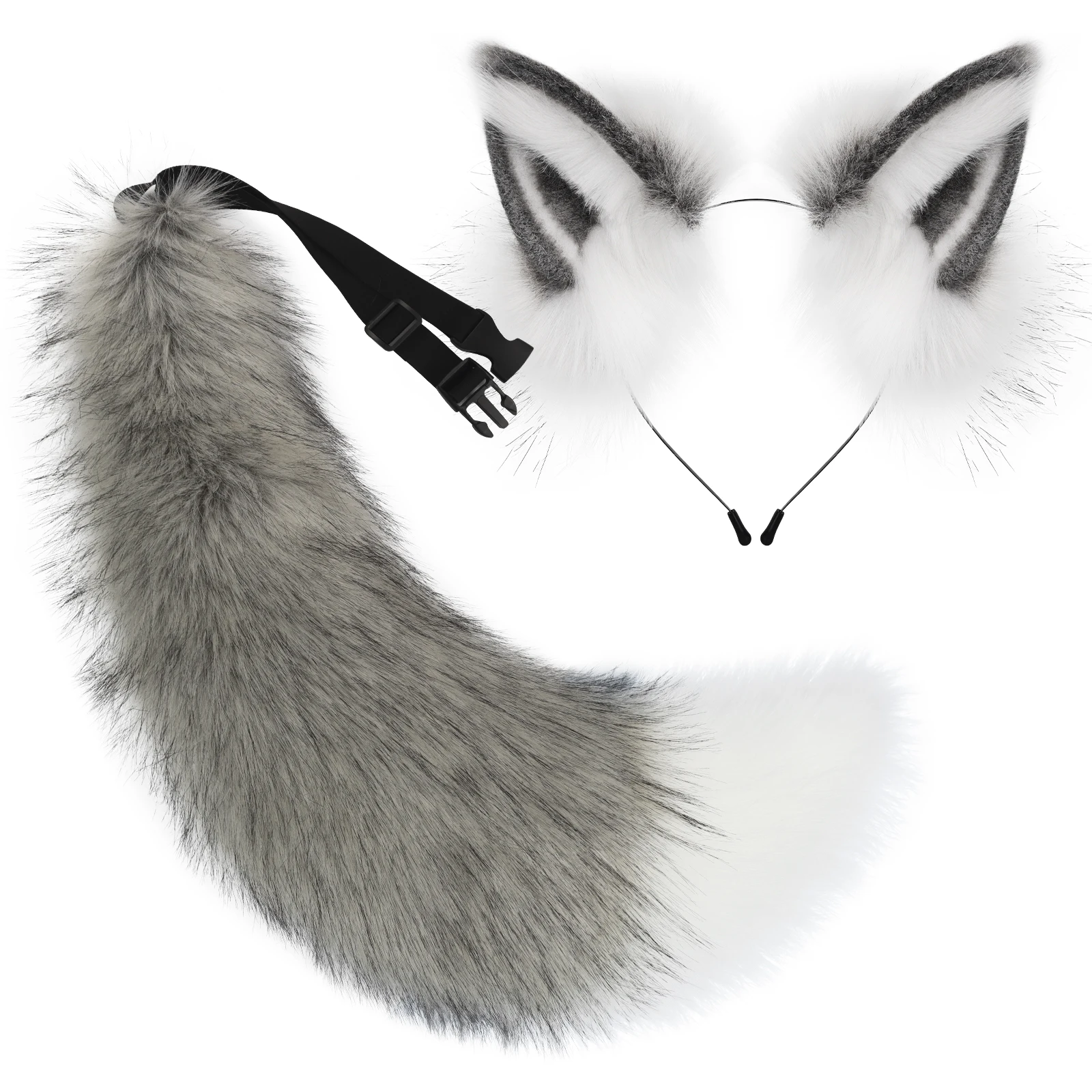 2 PCS Faux Fur Animal Ears Headband Furry Fox Wolf Tail Costume Set for Party Cosplay