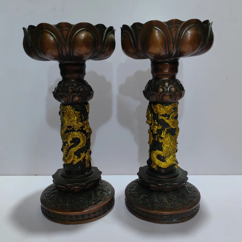 Wholesale Antique Style Pure Copper Gilt Candle Holders Lotus Candle Holders Pair Home Buddha Hall Decoration Crafts