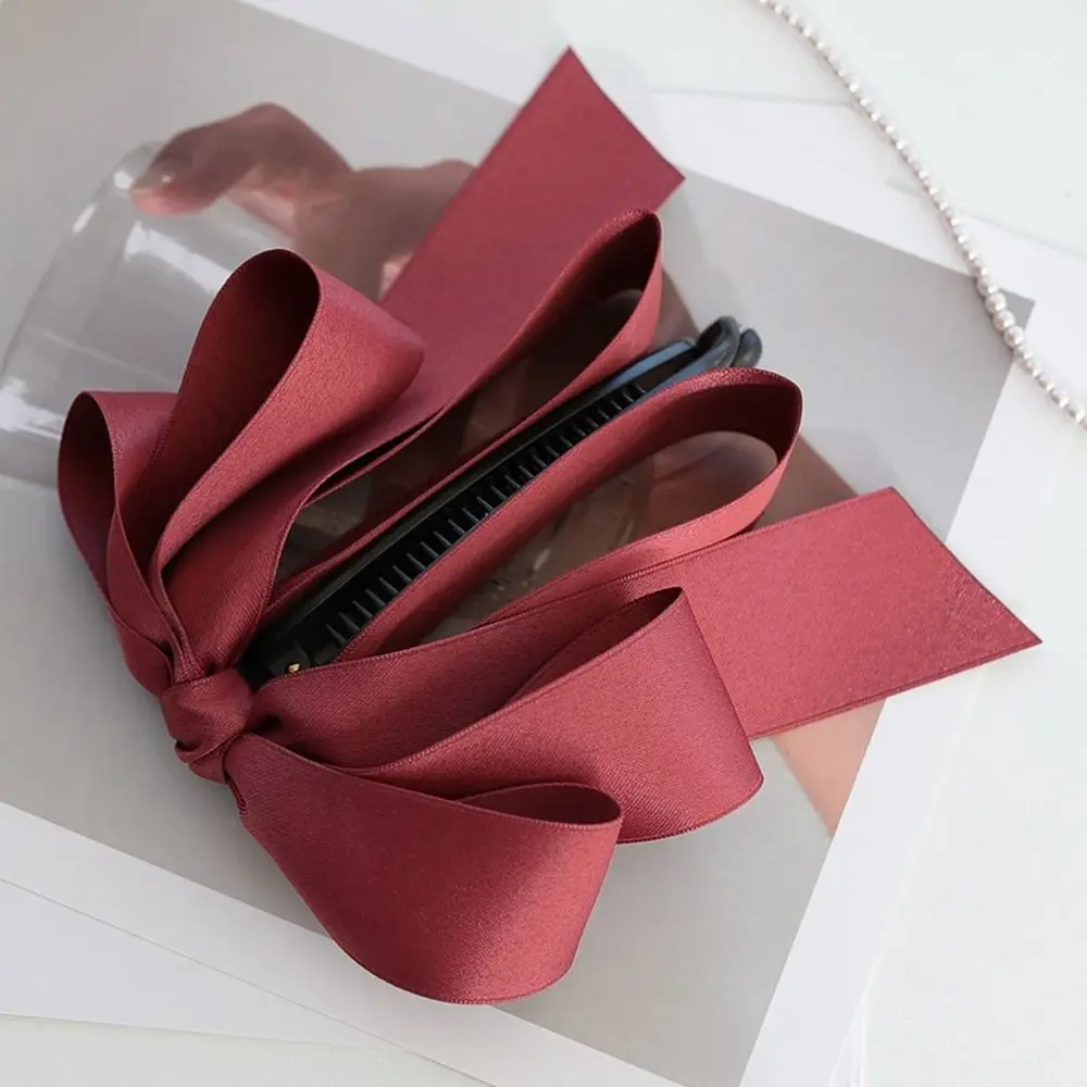 Silmple High Ponytail Fixed Ribbon Vertical Clip Satin Bowknot Banana Clip Bow Headwear Korean Style Hair Clip Girls Hairpin