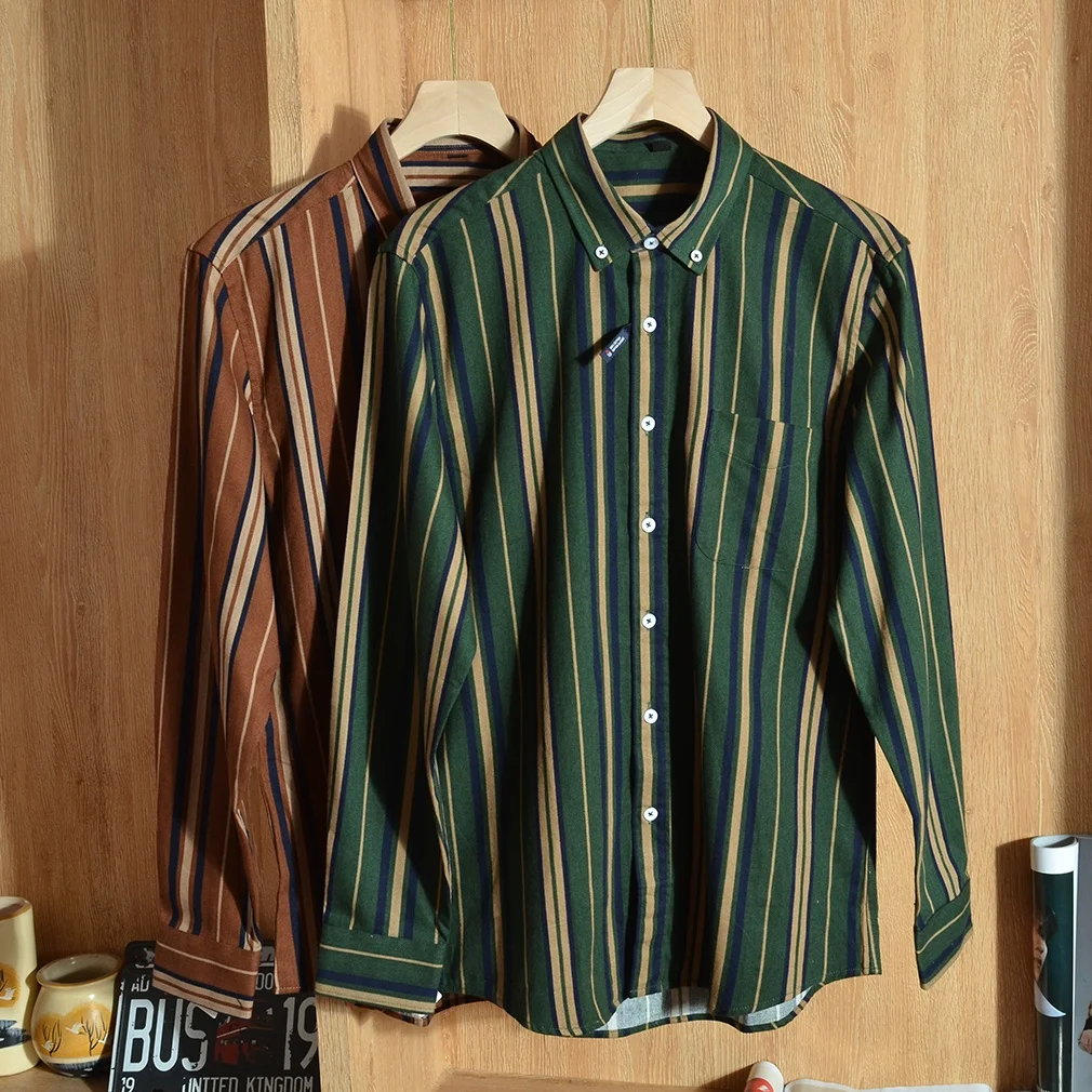 

Retro Japanese Sle Men's Long Sve Cotton irt Autumn New Arrival Waed Brued Skin-friendly Striped Base Layer irt