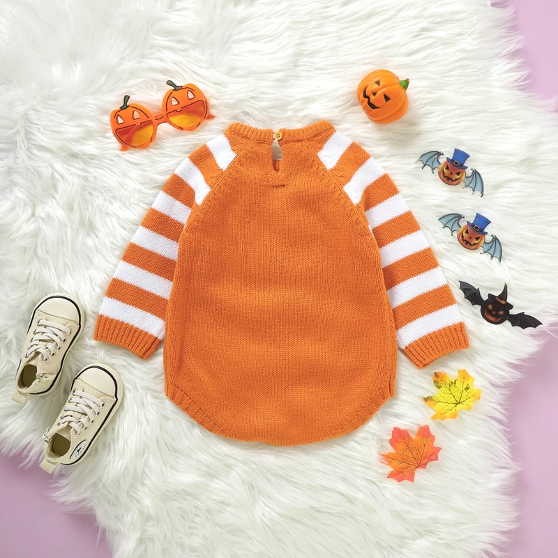 2023-06-24 Lioraitiin 0-18M Baby Boy Girl Sweater Halloween Bodysuit Striped Long Sleeve Round Neck Pumpkin Face Print Jumpsuit