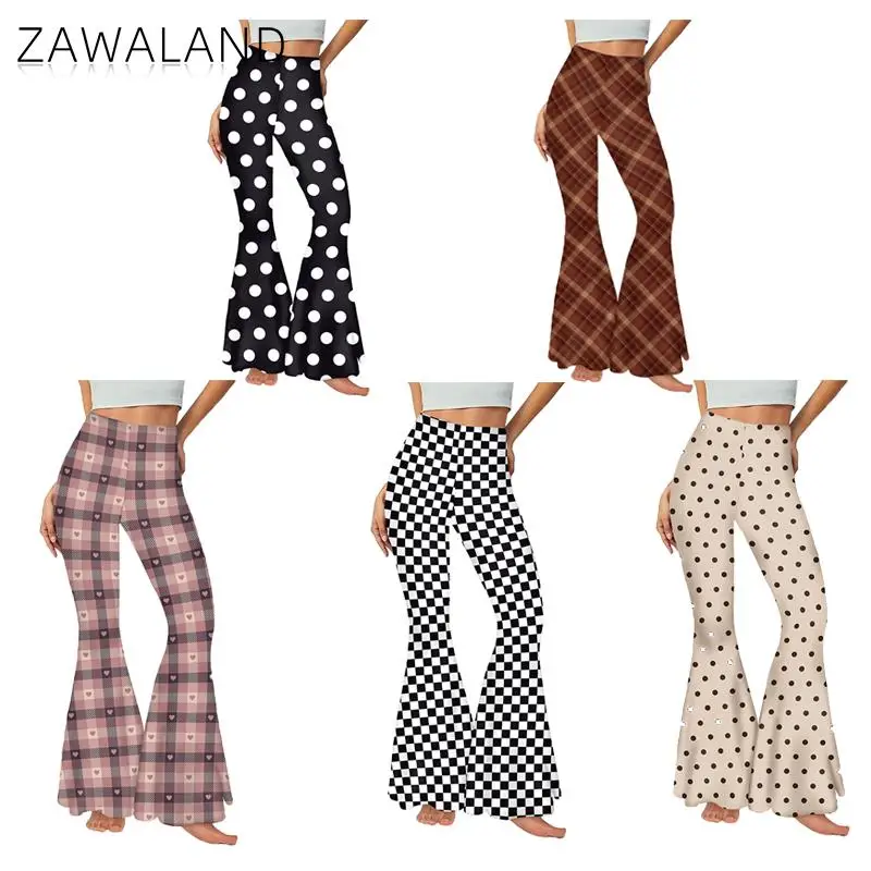 Zawaland Bell Bottoms Pants For Women High Waist Flower Leggings Clothing Fashion Polka Dot Printing Ladies Flared Trousers