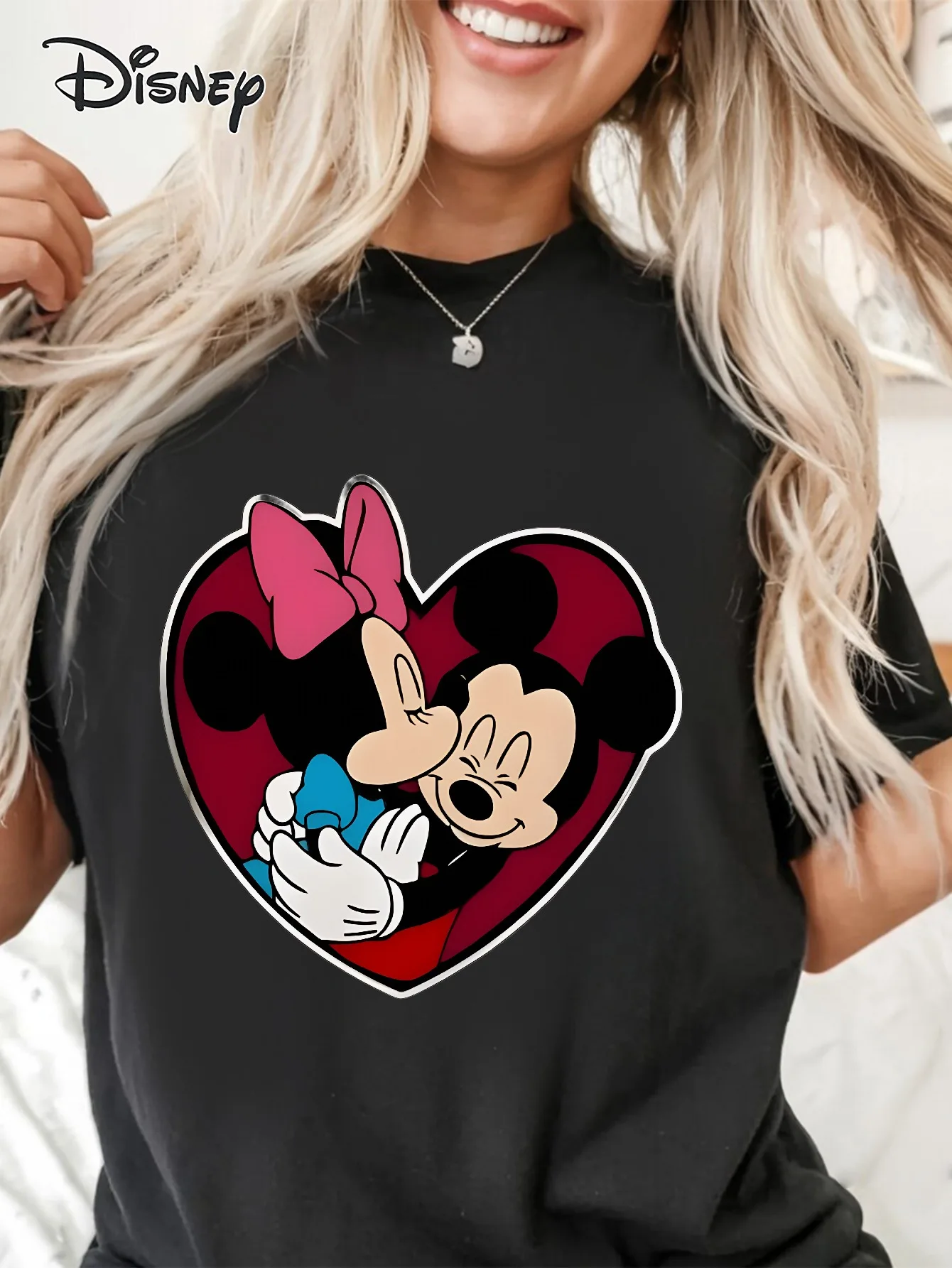 تي شيرت ديزني ميني ماوس بنمط قلب وردي - ملابس يومية ناعمة، بلوزة ربيعية بأكمام قصيرة