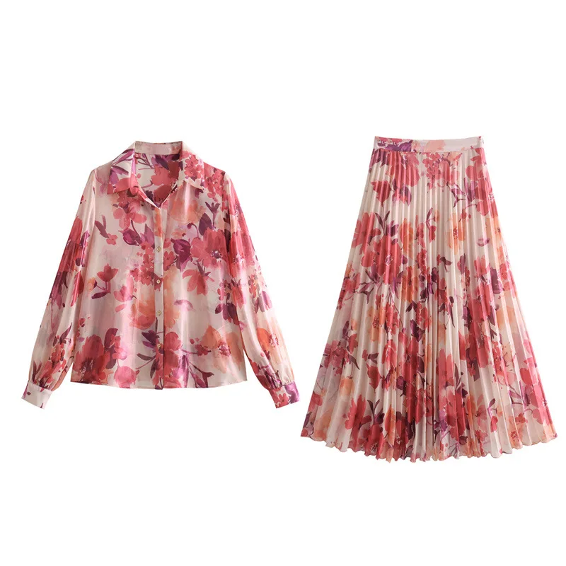 

2025European and American Style Women's New Floral Print Shirt and Pleated Skirt Set