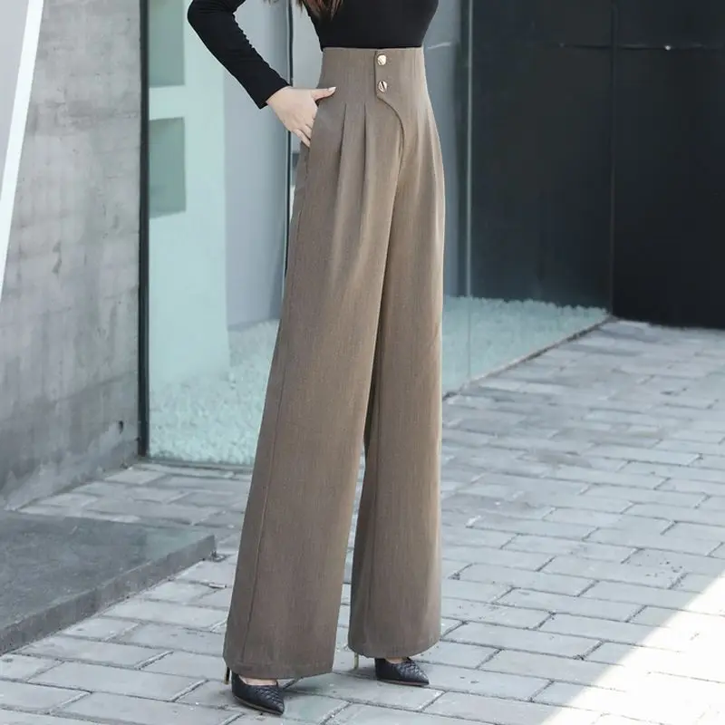 

High Waist Wide Leg Pants for Women New Loose Straight Black Coffee Trousers Autumn Double Buttons Casual Suit Pants Female Z5