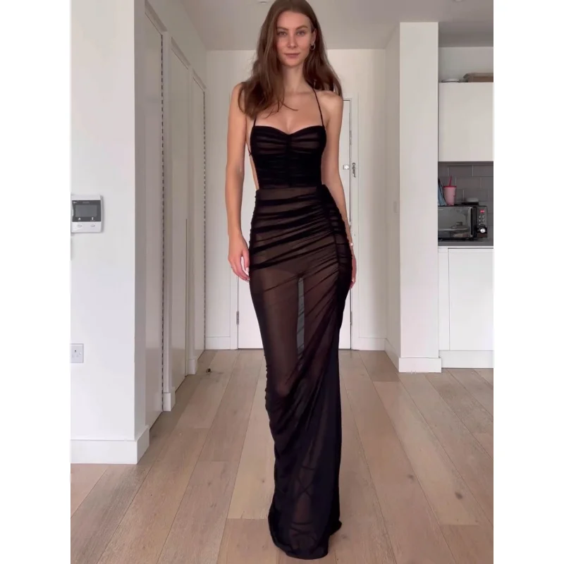 2025年ホットセール レディースファッション シースルー ハイ スリット バックレス ストラップドレス