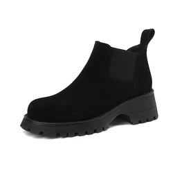 Cow Suede Punk Platform Women Ankle Boots New Autumn Winter High Block Heels Black Brown Slip On Ladies Round Toe Boots 25