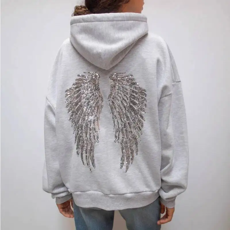 Casual Wing Sequin Solid Color Versatile Hoodie Set Women Autumn Winter Multi Style Sports Style Comfortable Versatile Pants Set