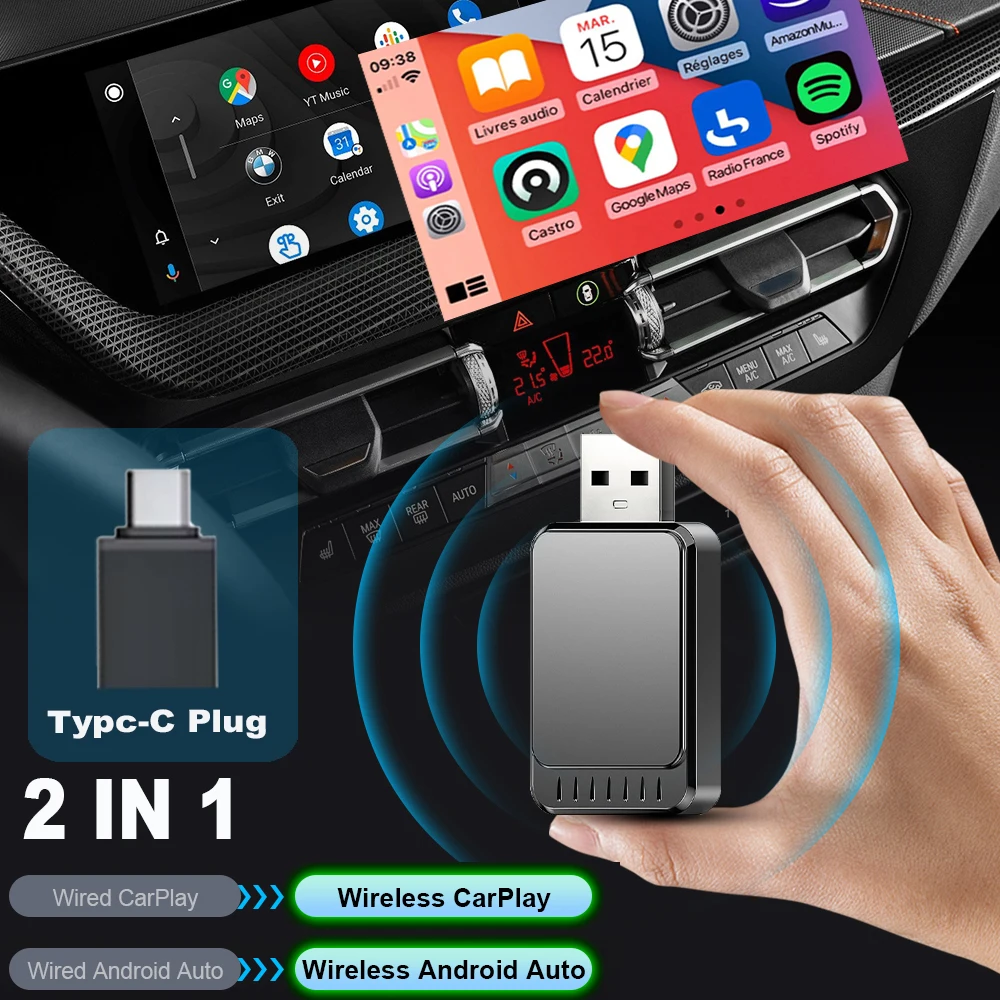 2 In 1 CarPlay & Android Auto Mini Ai Box Wireless Carplay Adapter Wired to Wireless Bluetooth WiFi Connect Plug and Play