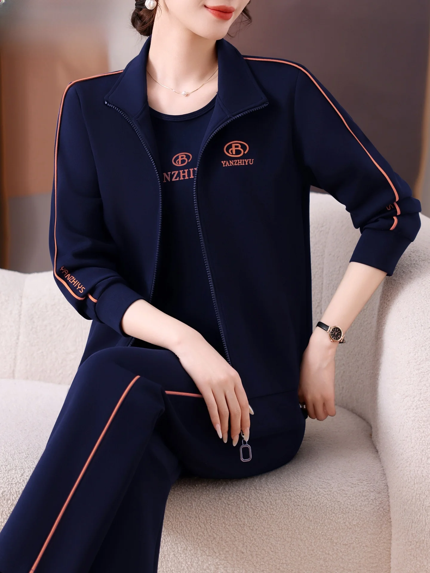 

Casual Tee-Piece Set Sportswear for Women over 50 Mom Autumn Faion Loose Fit Polyester Cotton Blend Zipper Closure