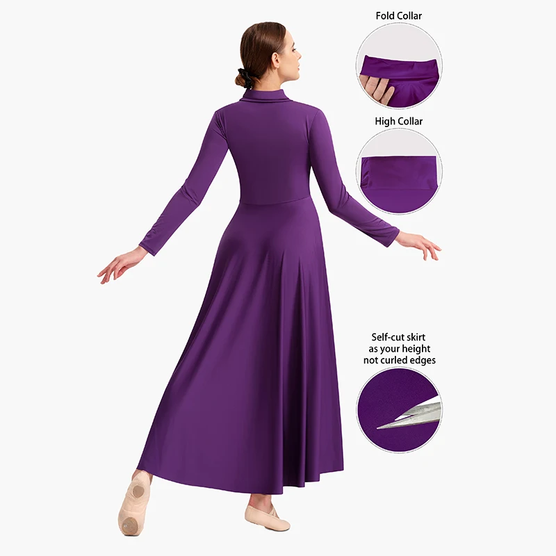 فستان رقص مدح نسائي فضفاض مناسب بطول كامل وأكمام طويلة زي عبادة الليتورجي قصير مجاني وياقة قابلة للطي