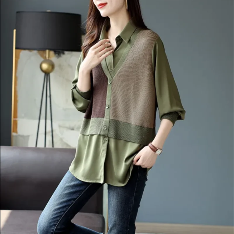

Casual Patchwork Blouse Women Shirts Color Blocking Knitted Patchwork Fake Two-Piece Shirt Spring Autumn Woman Shirt Tops