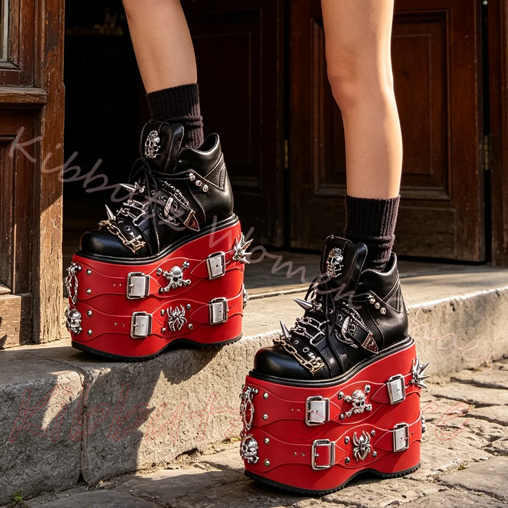 Multi Layer Platform Sneakers Women Skull Chain Buckle Straps Spiked Lace Up Gothic Punk Leather Mixed Color Statement Shoes New view 5
