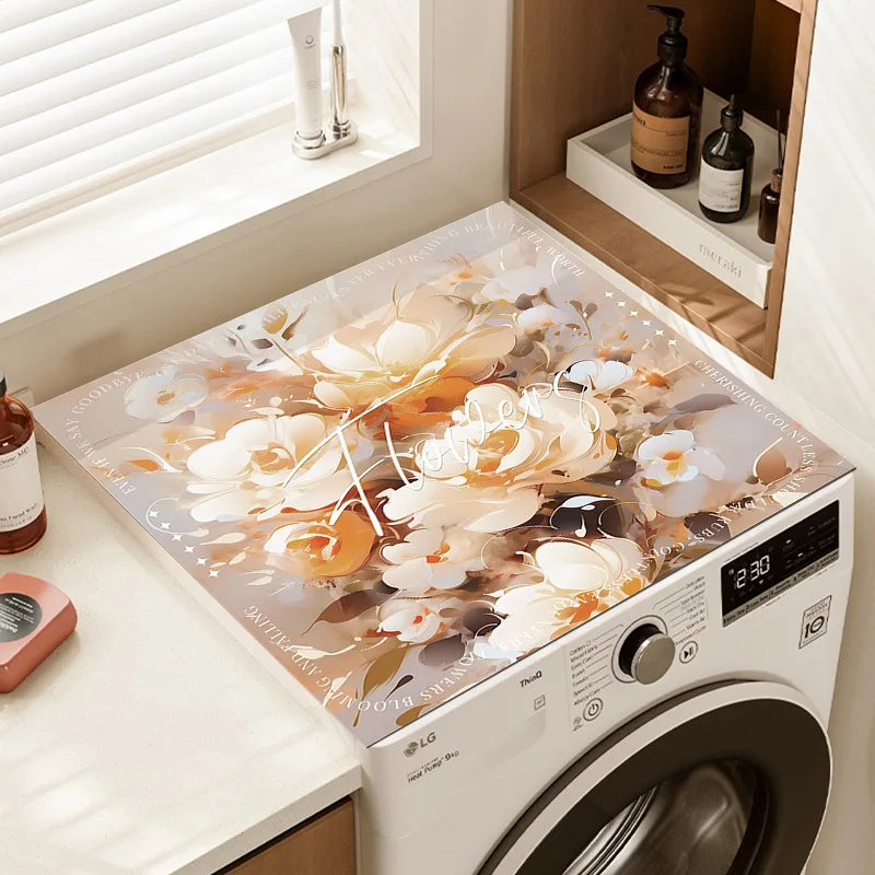 Elegant Washer Topper, White Blossom Vintage Garden Non‑Slip Waterproof Easy Clean Washing Machine Decor Mat