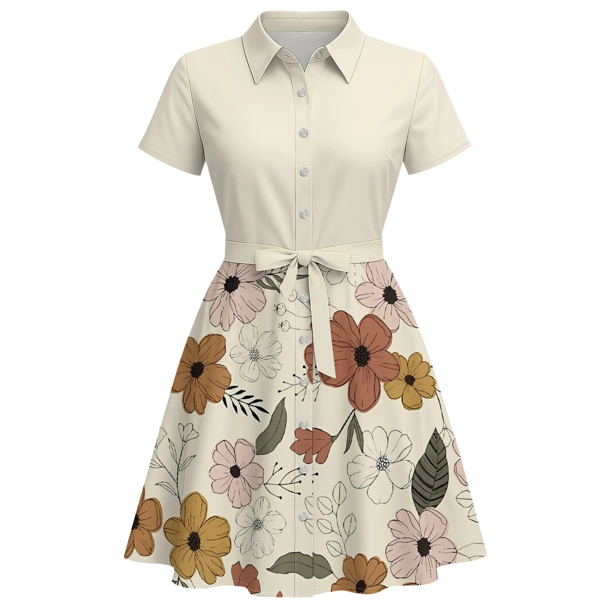 Nupusa Olive Green Rose Print Patchwork Dress for Women Regular Size Summer Casual Shirt Collar Short Sleeve Belted Midi Dress