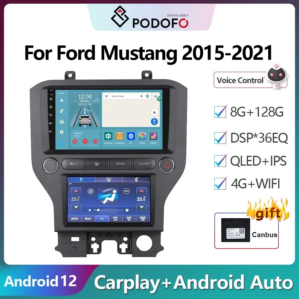 Podofo 2Din Android 12 Car Radio Multimidia Video Player For Ford Mustang 2015-2021 GPS Navigation 2din Carplay Auto Stereo