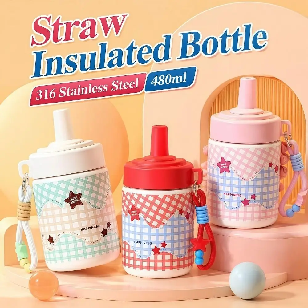 316 Stainless Steel Straw Insulated Bottle Leak Proof Heat Retaining Cartoon Vacuum Mug Handle Rope Lightweight