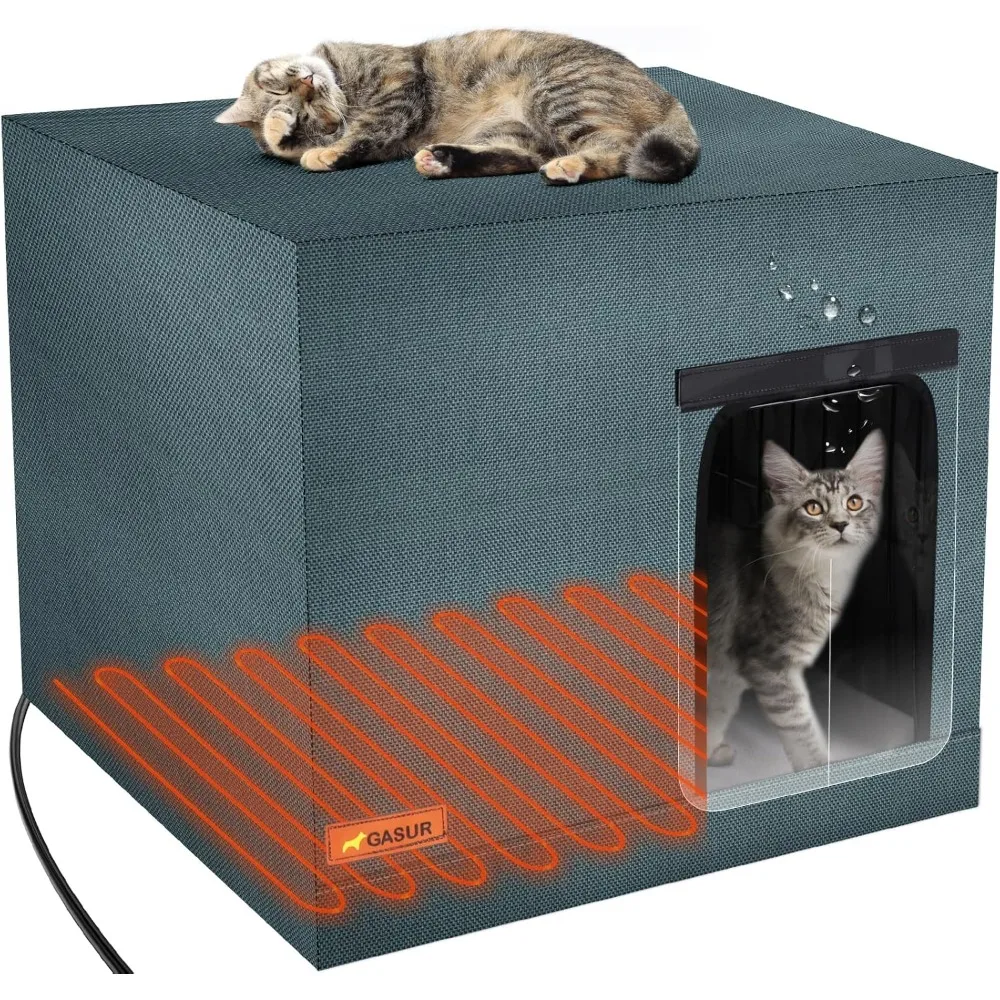 

Large Heated Cat House for Outdoor Cats in Winter, Highly Elevated Base Waterproof & Insulated Feral Cat House, Warm Cat Shelter