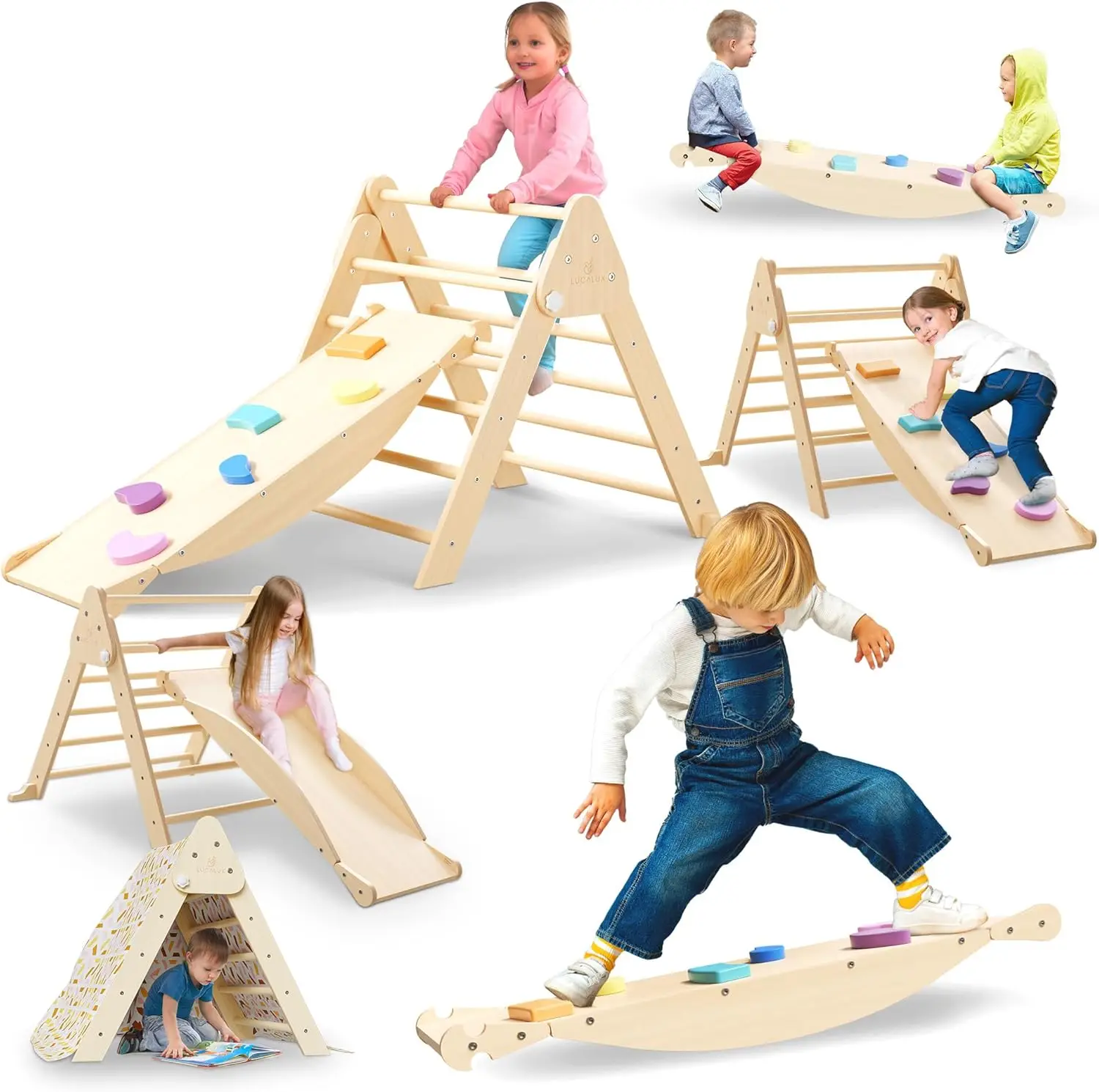 6 in 1 Toddler Climbing Toys Indoor - Safe Climbing Set with Foldable Pikler Triangle Ladder, Reversible Baby Climber