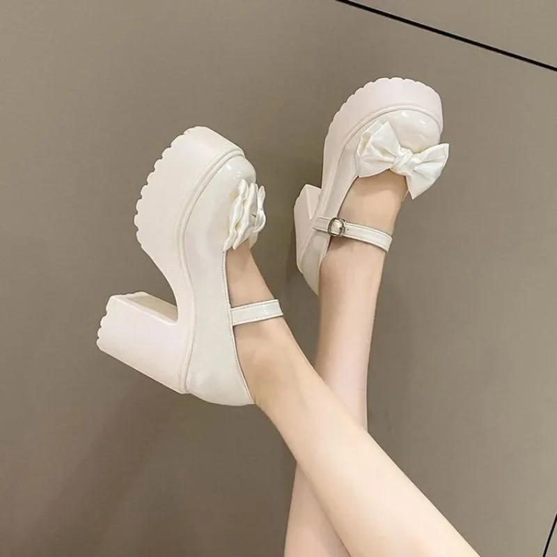 White Round Toe Platform High Heels Women Mary Jane Shoes Retro Bows Elegant Chunky Heel Women\'s Wedding Shoes