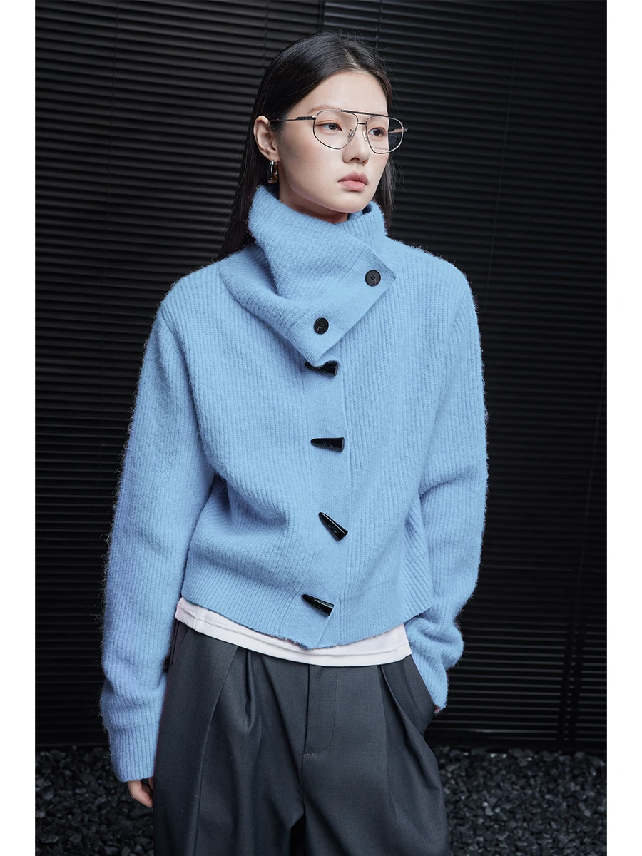 

Blue High Collar Knitted Sweater Cardigan Women's oulder Draped Silhouette Autumn New Sle Street Sle Pure E-commerce