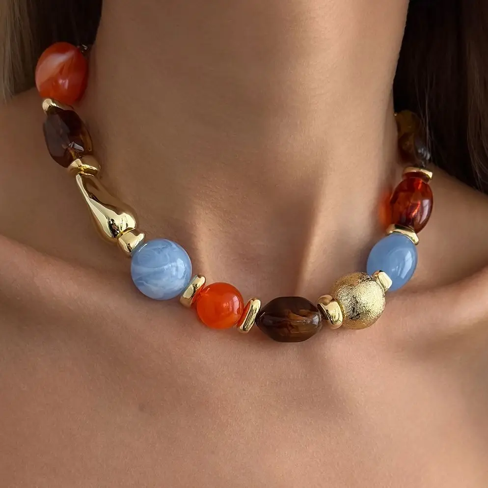 SHIXIN New Bohemian Colored Resin Beaded Chokers Necklaces for Women Vintage Elegant Adjustable Clavicle Chain Y2K Jewelry Gift