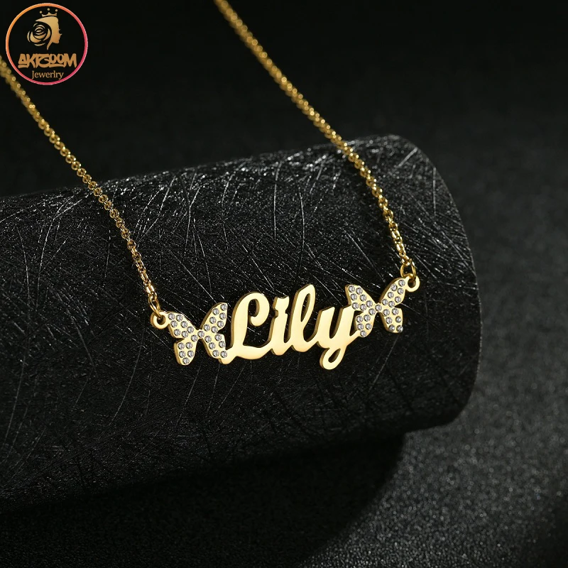 Akizoom Fashion Customized Names Pendant Butterfly Necklace Zircon Custom Nameplate Stainless Steel Personalized Jewelry Gift